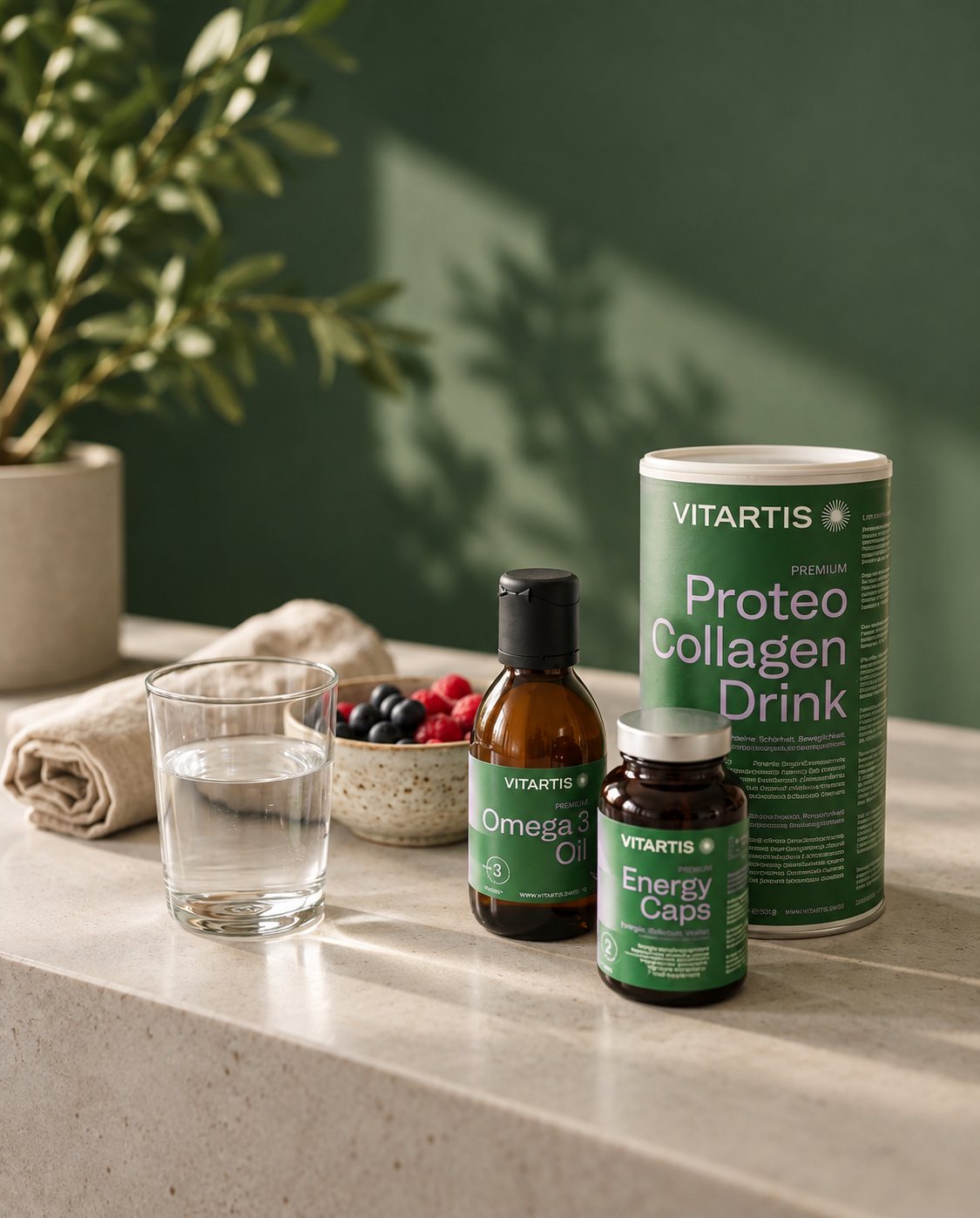 Vitartis Omega 3 Oil, Energy Caps und Proteo Collagen Drink